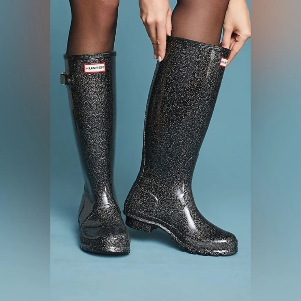HUNTER Women's Original Tall Glitter Starcloud Black Wellies Rainboots size 6